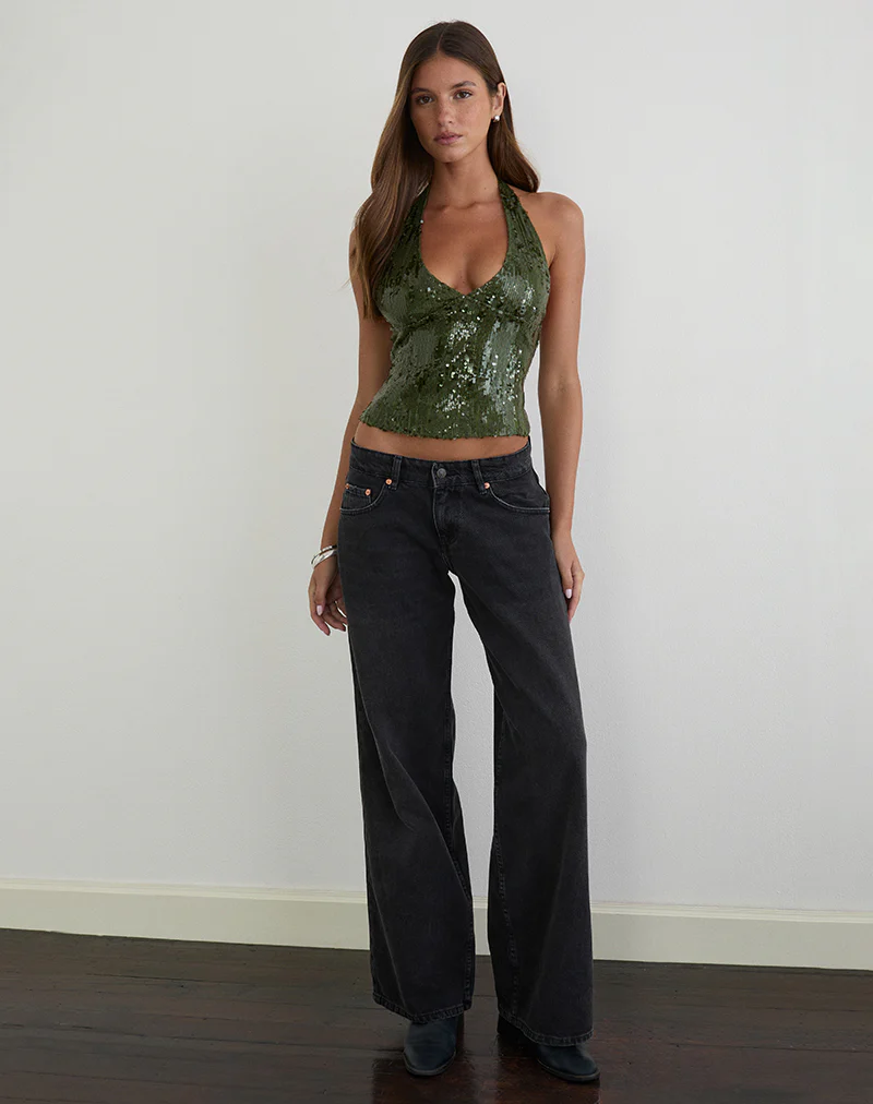 Cosio Halter Top in Mix Sequin Khaki - Image 2