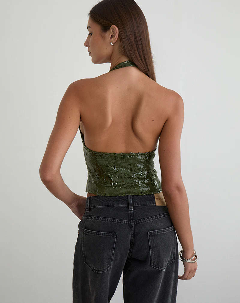 Cosio Halter Top in Mix Sequin Khaki - Image 5