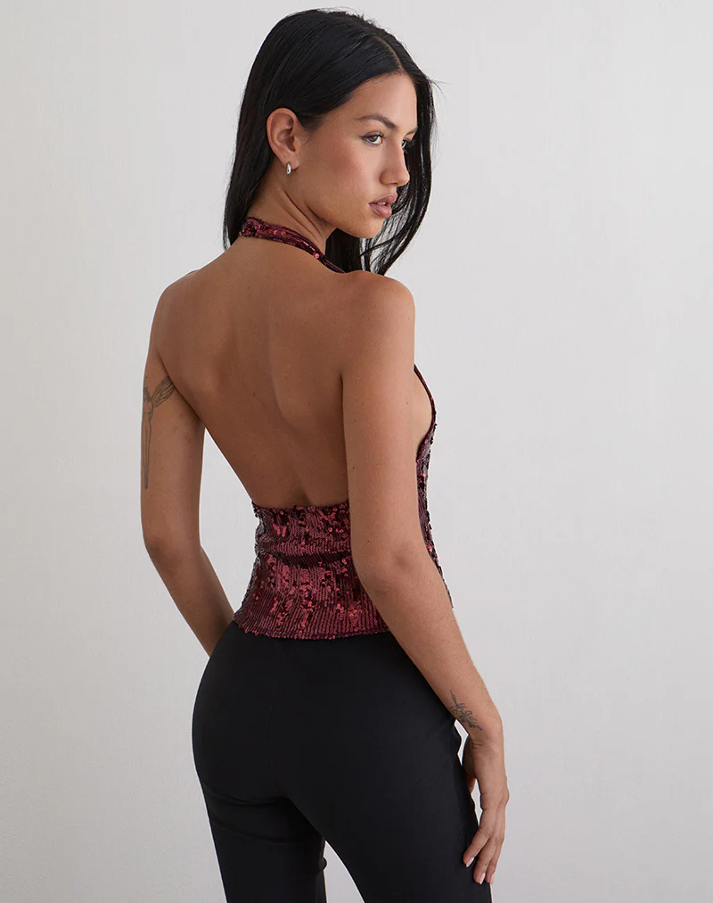 Cosio Halter Top in Mix Sequin Maroon - Image 5
