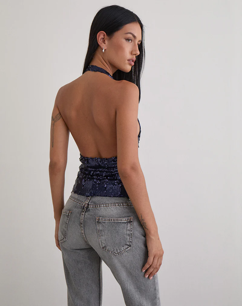 Cosio Halter Top in Mix Sequin Navy - Image 5