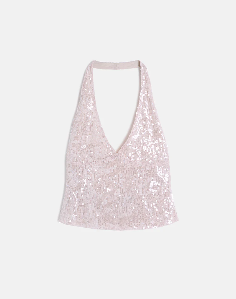 Cosio Halter Top in Sequin Baby Pink - Image 5