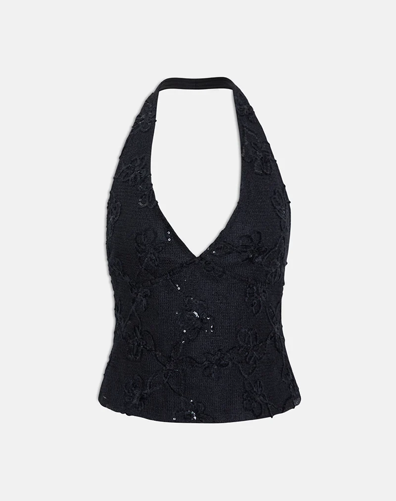 Cosio Halter Top in Sequin Knit Black - Image 2