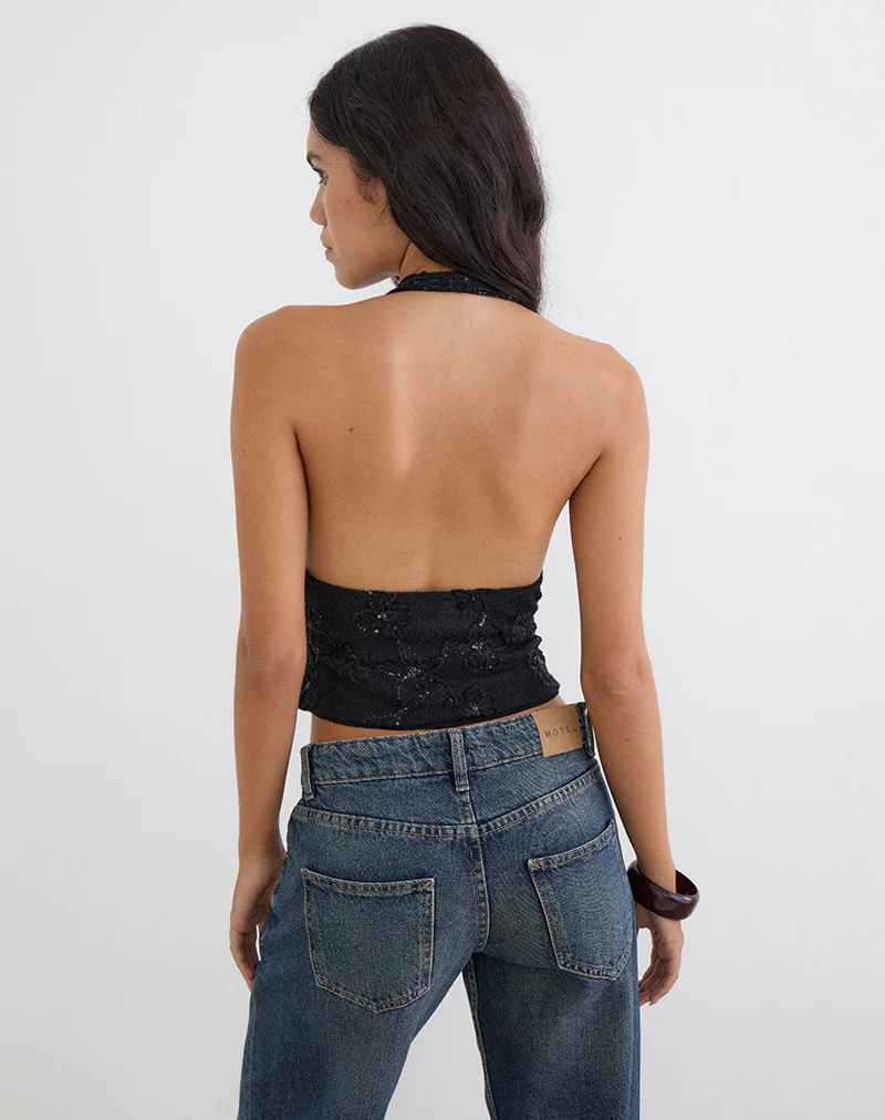 Cosio Halter Top in Sequin Knit Black - Image 3
