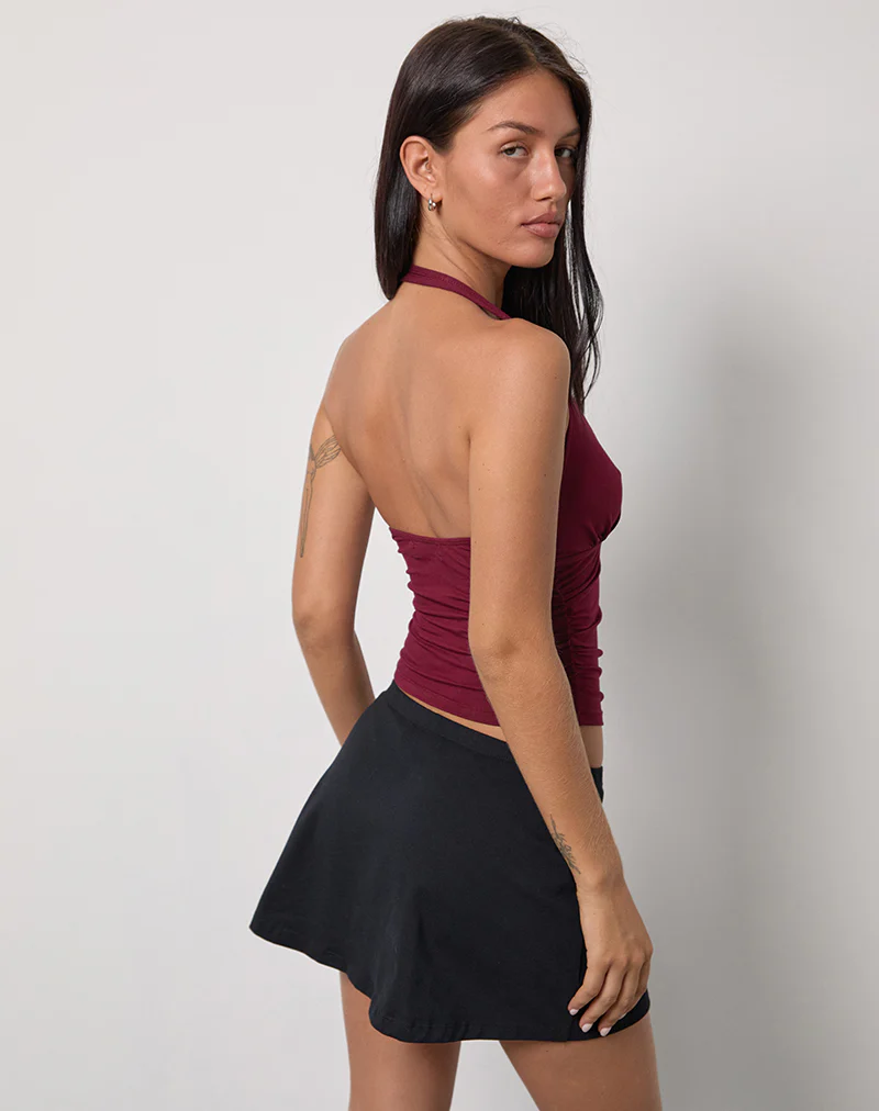 Cosmo Halterneck Top in Jersey Burgundy - Image 4
