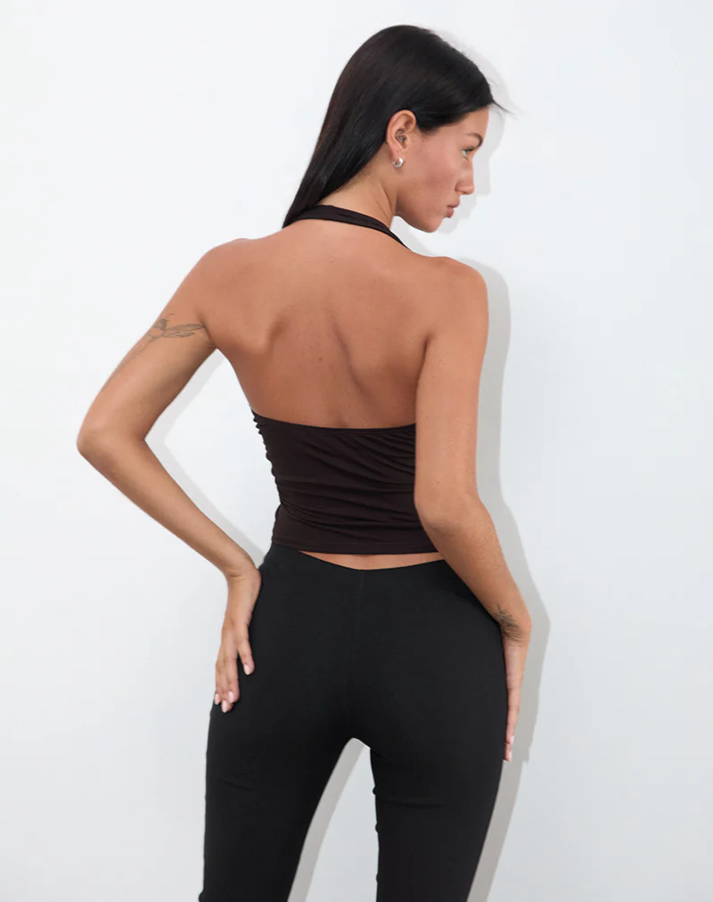 Cosmo Halterneck Top in Jersey Chocolate Brown - Image 4