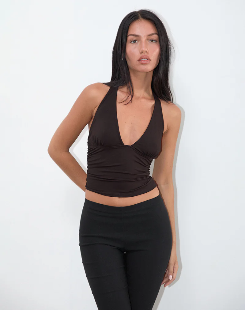Cosmo Halterneck Top in Jersey Chocolate Brown - Image 5