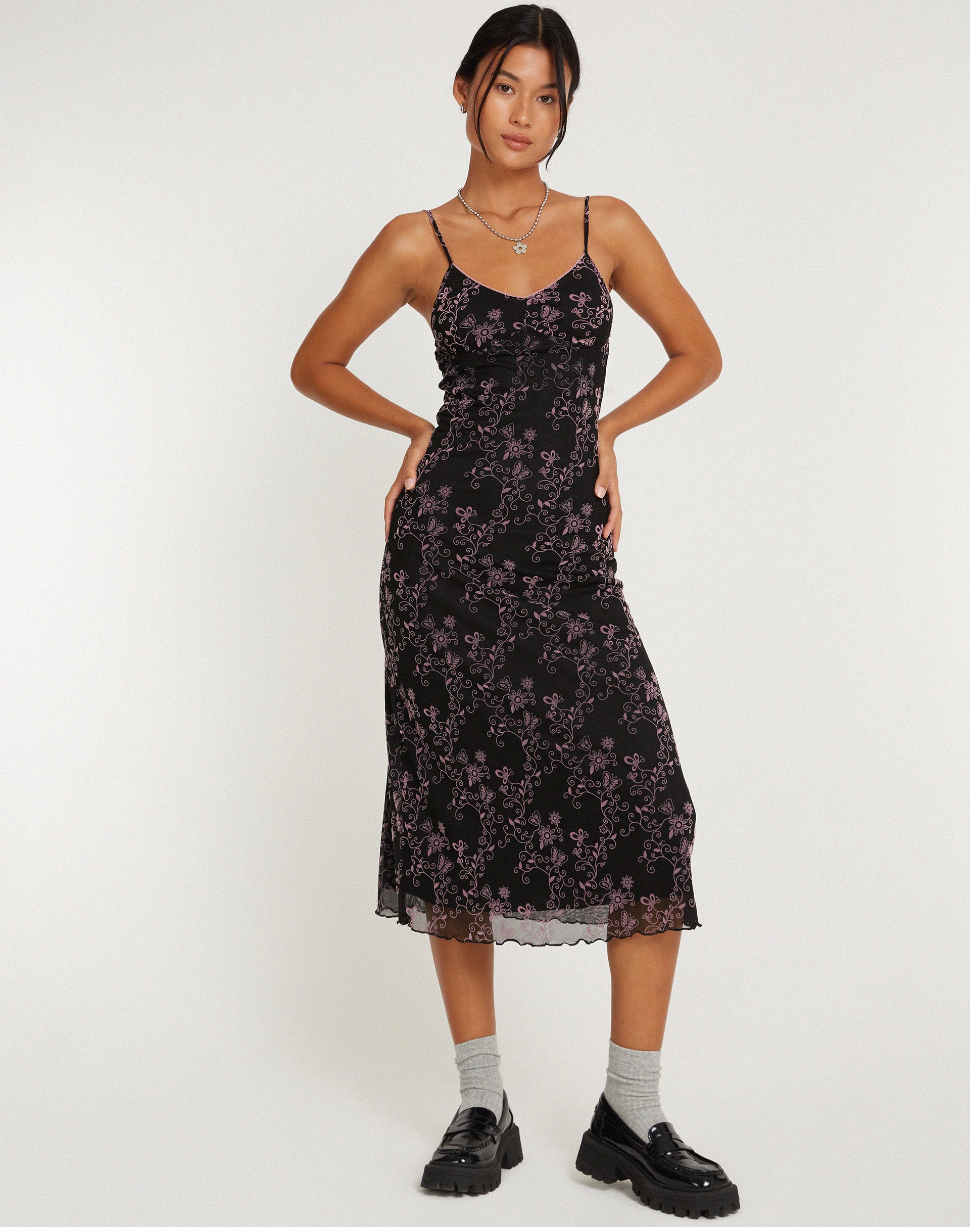 Cotina Midi Dress in Butterfly Vine Flock Black and Pink - Image 2