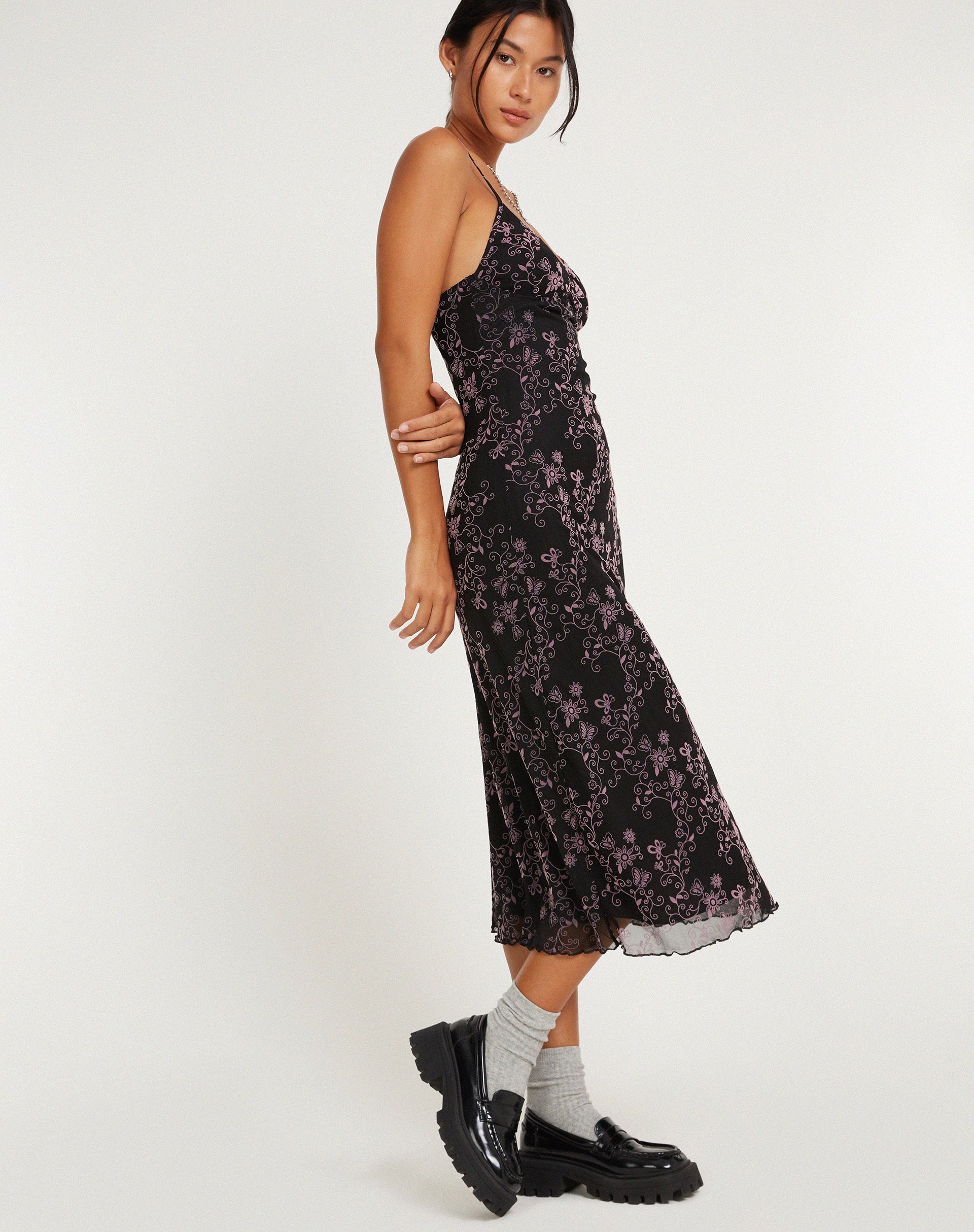 Cotina Midi Dress in Butterfly Vine Flock Black and Pink - Image 4