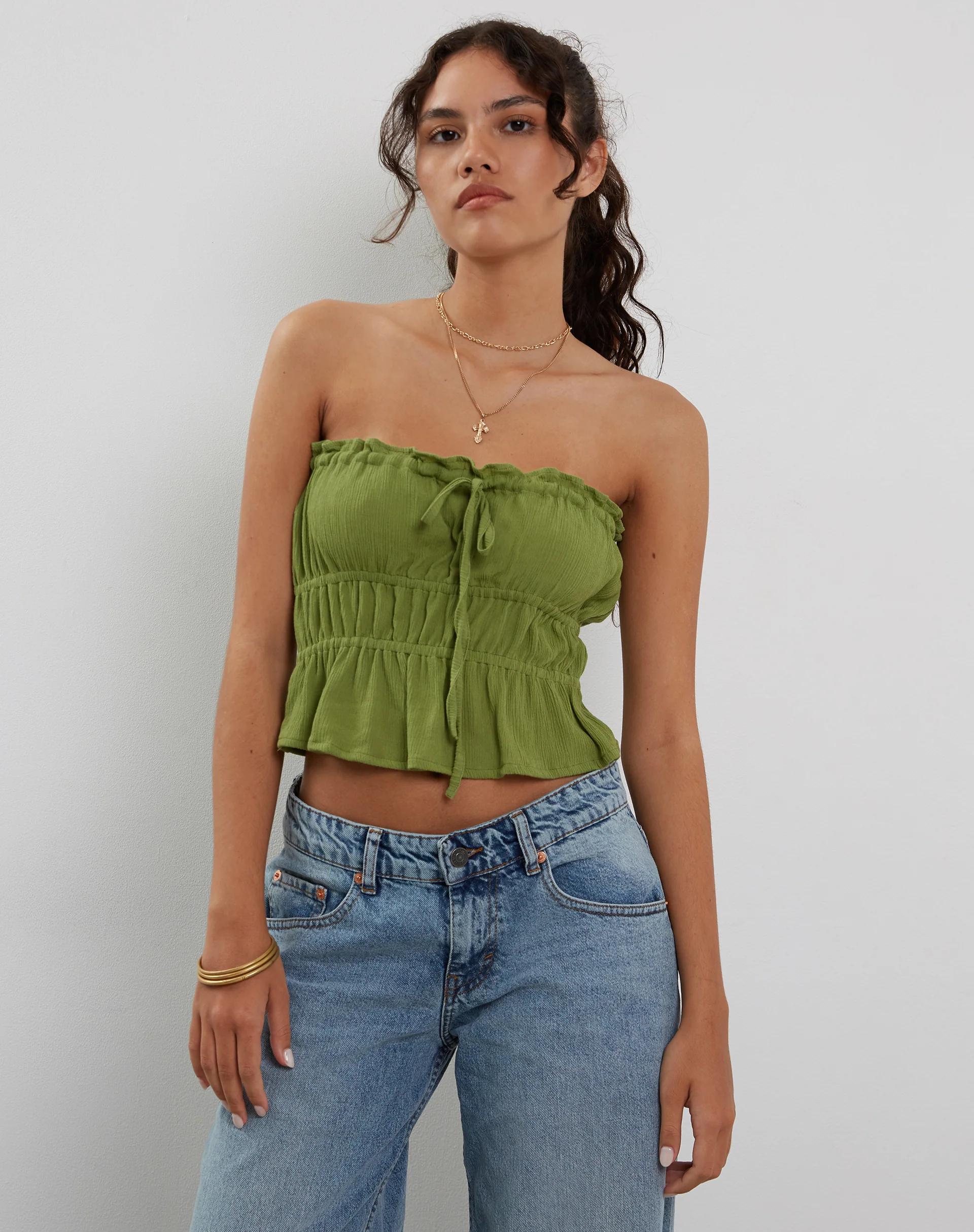 Cove Bandeau Top in Crinkle Green Sweet Pea - Image 3