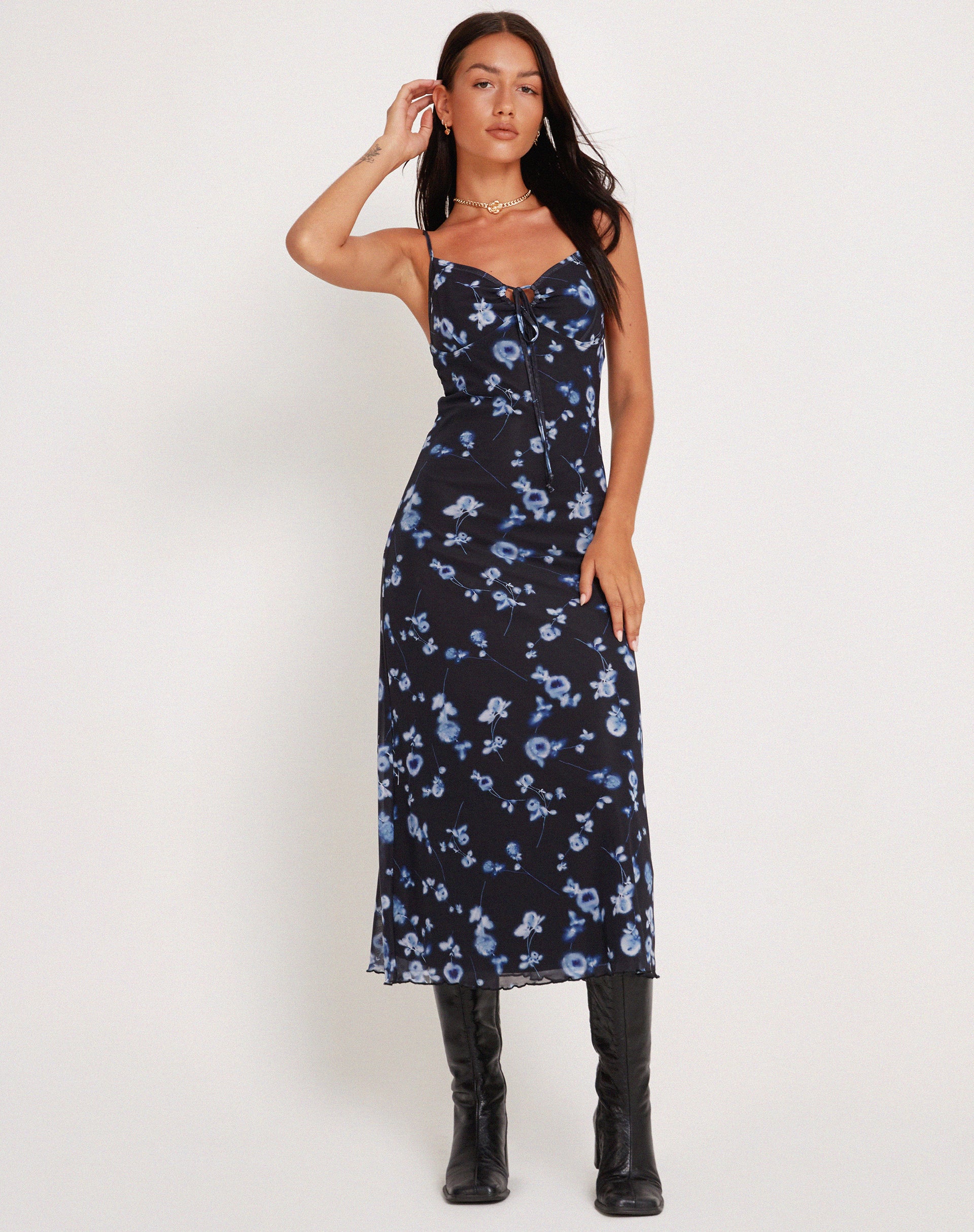 Coya Maxi Dress in Mesh Navy Diffused Floral - Image 4