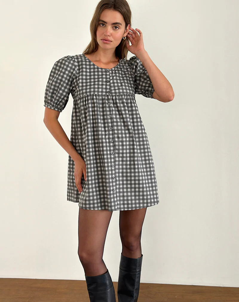 Cybera Mini Dress in Tonal Gingham Black and Grey - Image 4