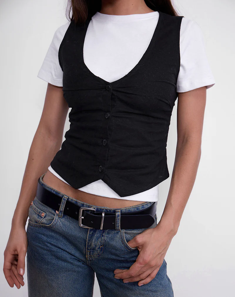 Cyna Button Through Vest Top in Black Linen - Image 4