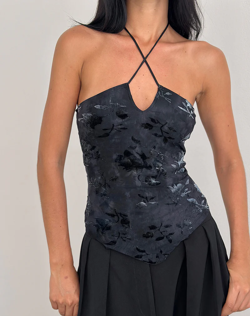 Daiki Halterneck Top in Leaf Velvet Dark Blue - Image 3
