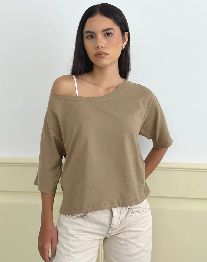 Daimin Off the Shoulder Top in Jersey Khaki - Image 3