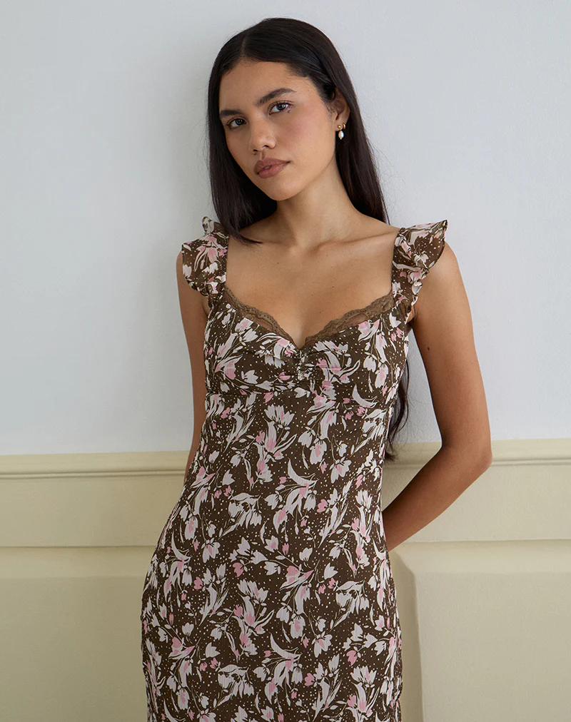 Daita Midi Dress in Chiffon Polka Flower Brown - Image 2