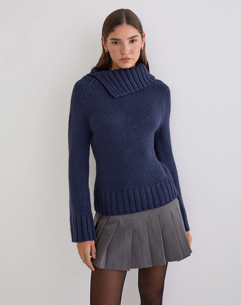 Dajah Fold Over Jumper in Knit Navy - Image 2