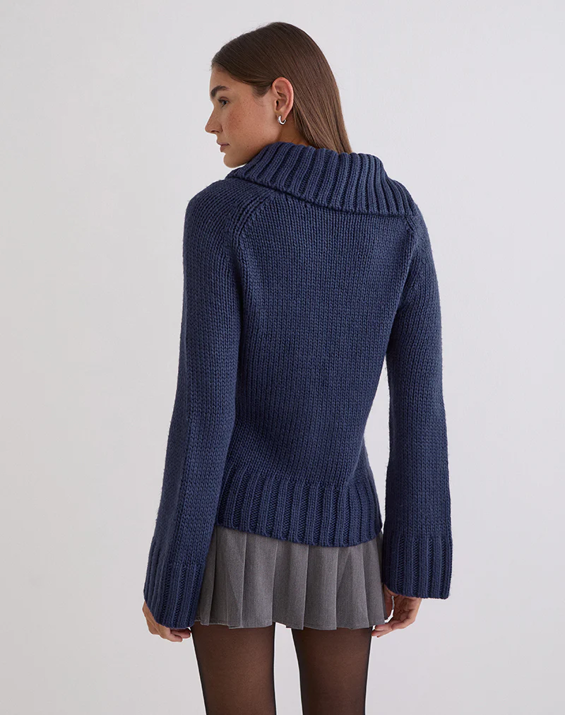 Dajah Fold Over Jumper in Knit Navy - Image 4