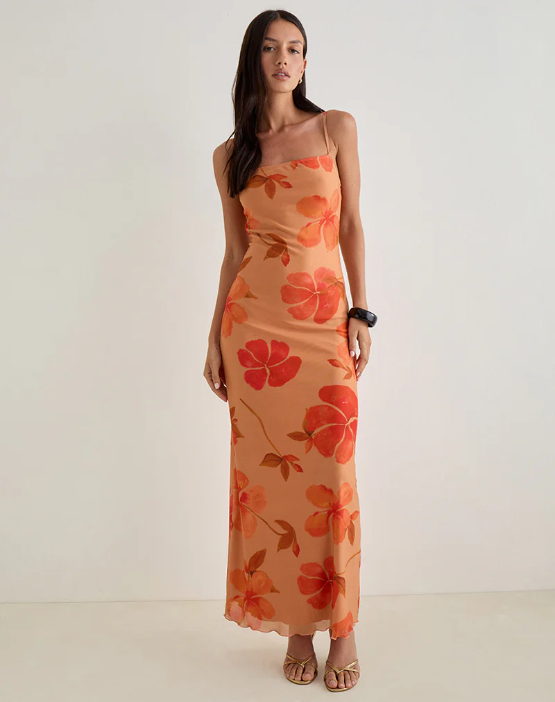 Dalesio Maxi Dress in Watercolour Hibiscus Orange - Image 3