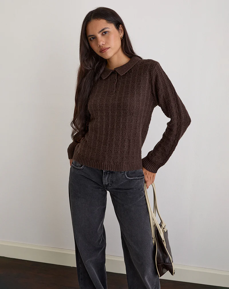 Dalina Knit Jumper in Check Brown - Image 2