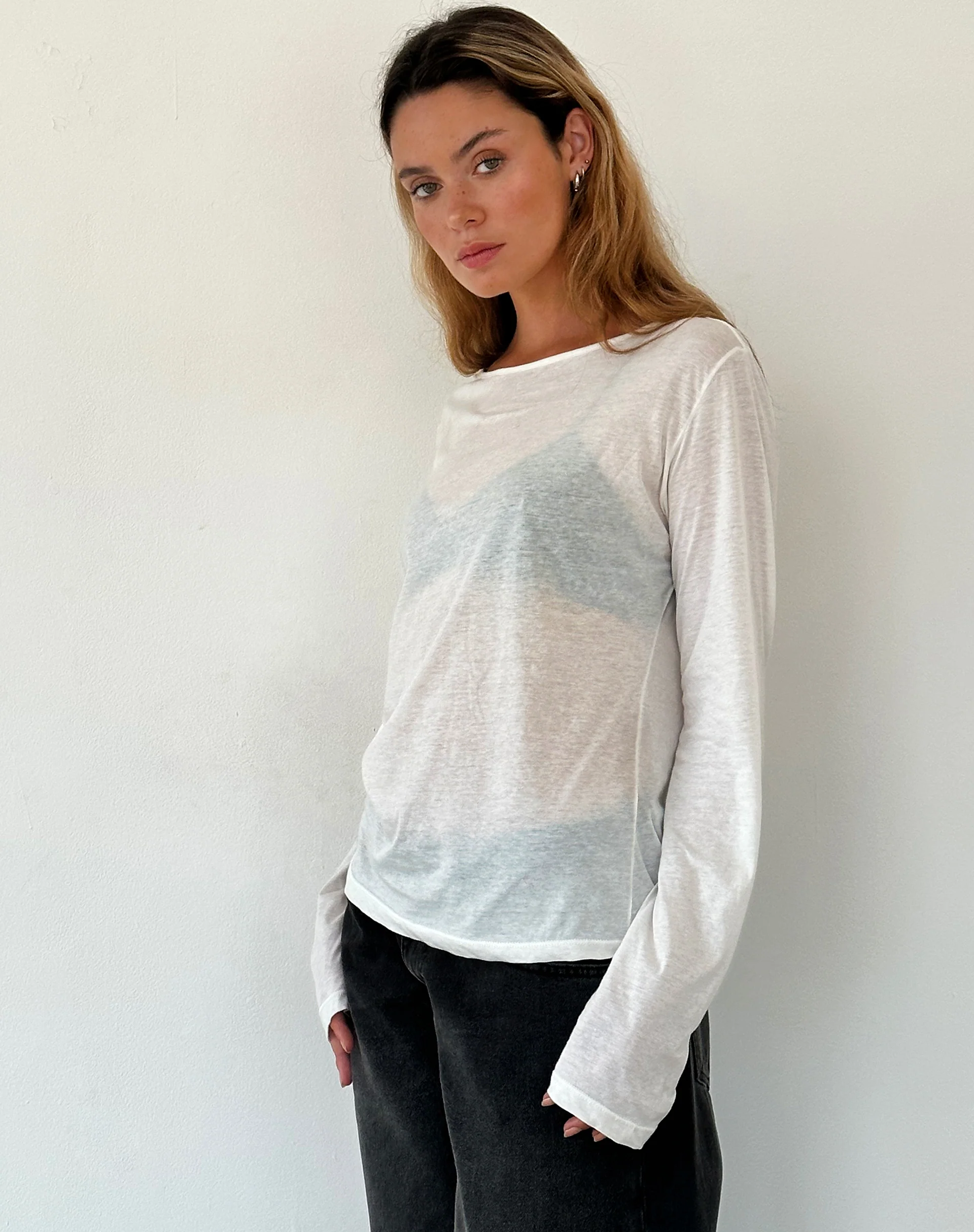 Damon Baggy Long Sleeve Top in White Tissue Jersey - Image 2