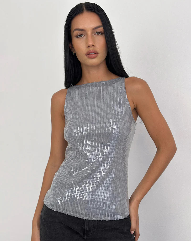 Damske Vest Top in Clear Tinted Sequin Grey - Image 4