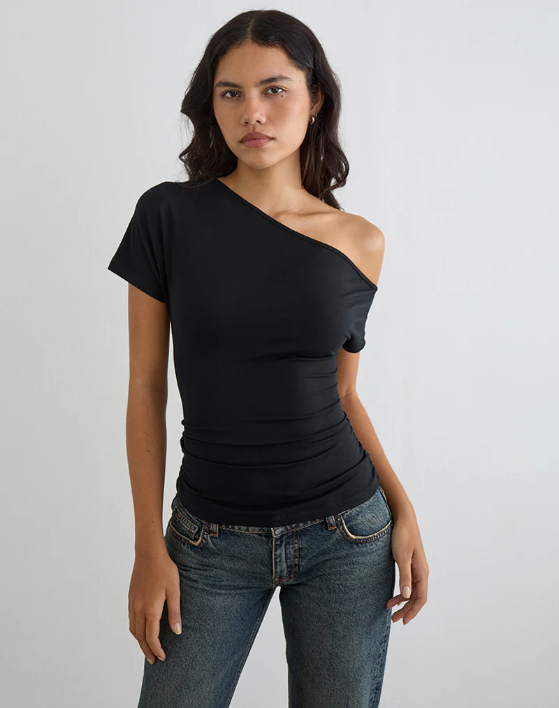 Danama One Shoulder Top in Jersey Black - Image 2