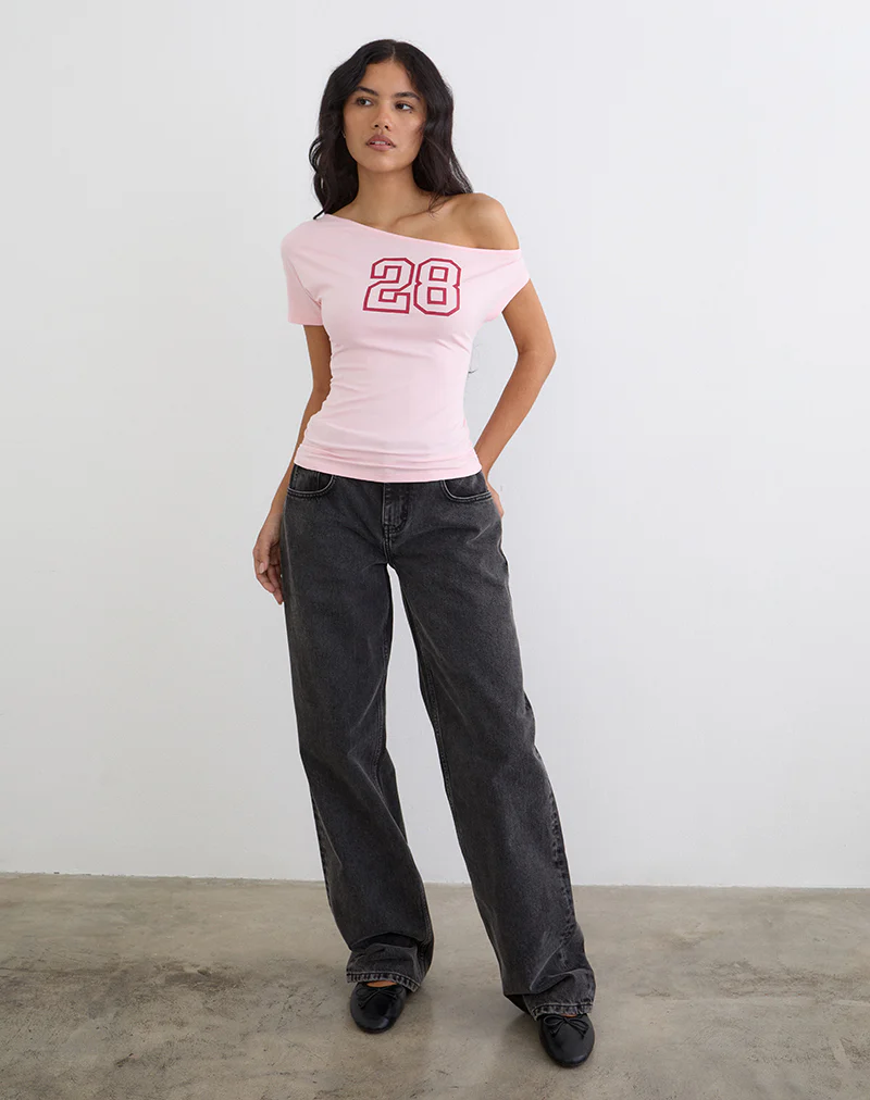 Danama One Shoulder Top in Rayon Jersey Light Pink with '28' Graphic - Image 3