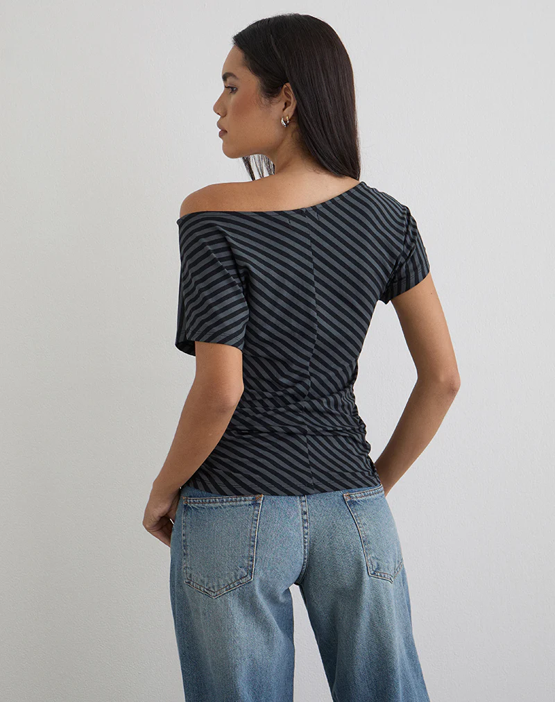 Danama One Shoulder Top in Oblique Stripe Ocean Storm - Image 3