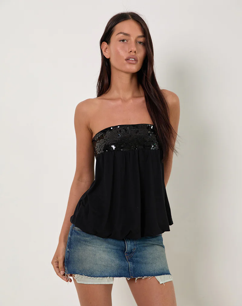 Danuta Longline Bandeau Top in Sequin Black - Image 4