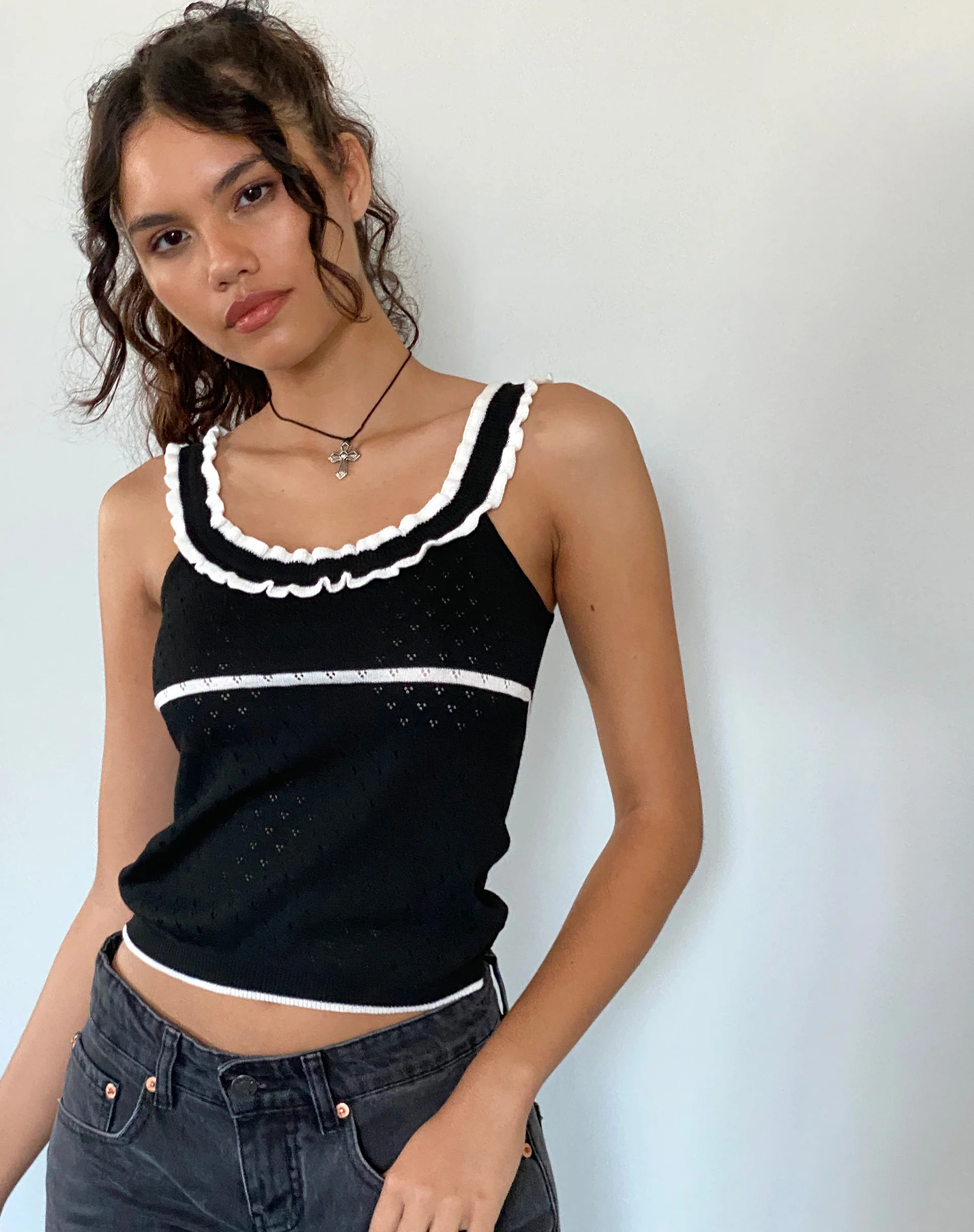 Darcie Pointelle Top in Black with White Tipping - Image 5