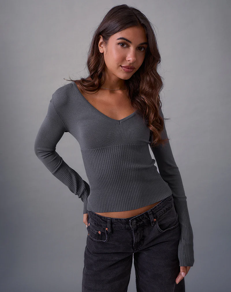 Darya Long Sleeve Knit Top in Slate Grey - Image 3