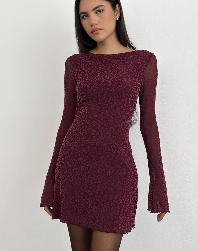 Dasa Long Sleeve Mini Dress in Flock Mini Leopard Plum - Image 3