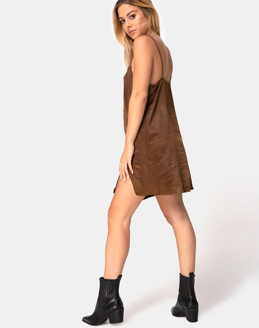 Datista Slip Dress in Satin Brown - Image 4