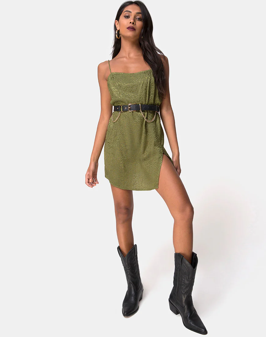 Datista Slip Dress in Satin Cheetah Khaki - Image 3
