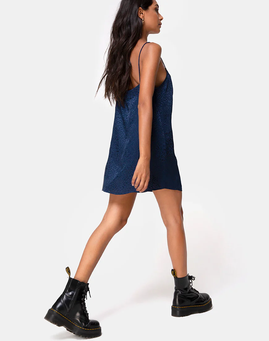 Datista Slip Dress in Satin Cheetah Navy - Image 4