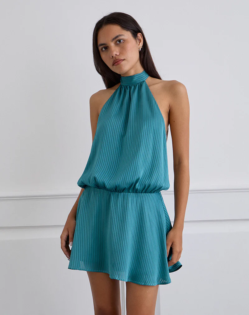 Davina Mini Dress in Stripe Satin Teal - Image 5