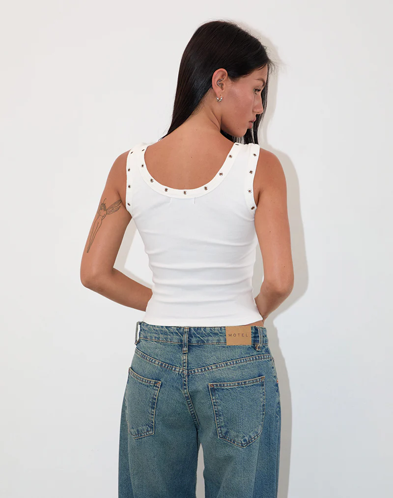 Dax Eyelet Ribbed Vest Top in White - Image 3