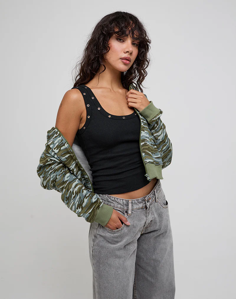 Dax Eyelet Ribbed Vest Top in Black - Image 4