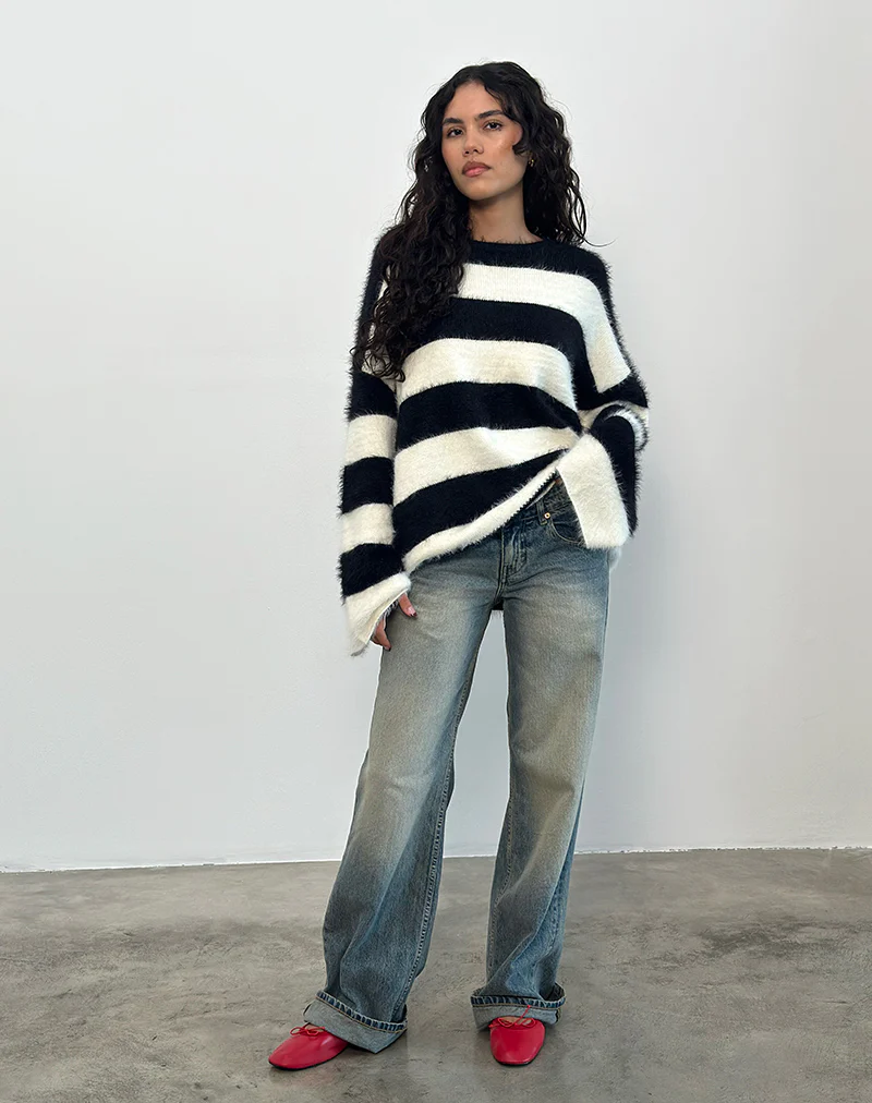 Daya Fluffy Jumper in Ivory and Black Stripe - Image 2