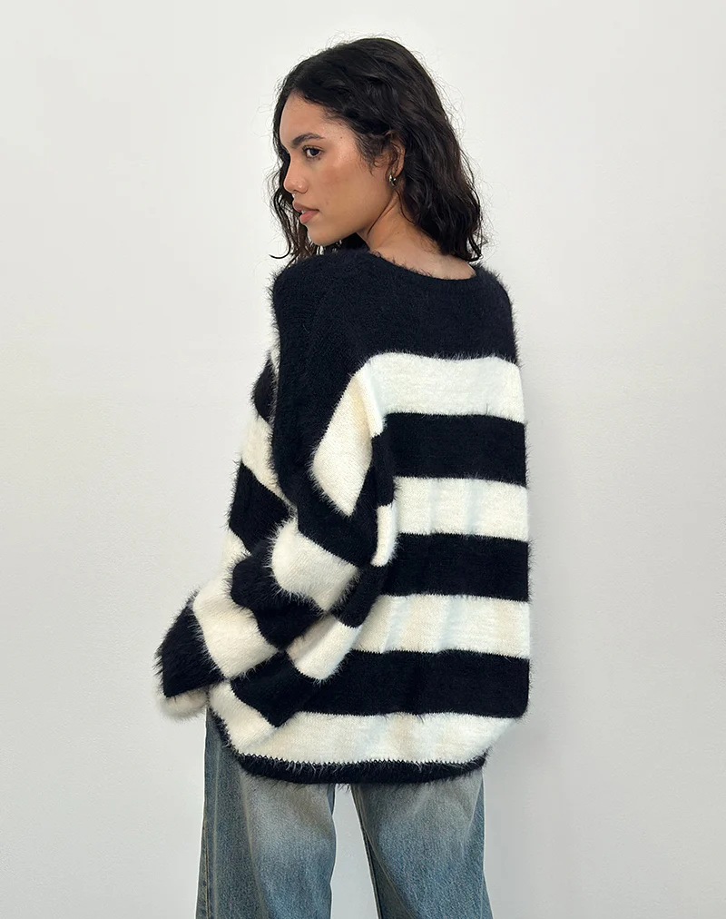 Daya Fluffy Jumper in Ivory and Black Stripe - Image 3