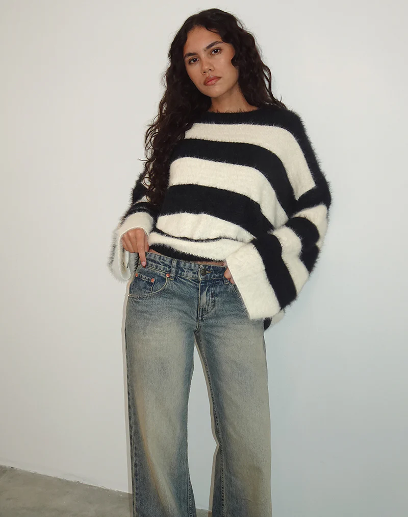 Daya Fluffy Jumper in Ivory and Black Stripe - Image 5