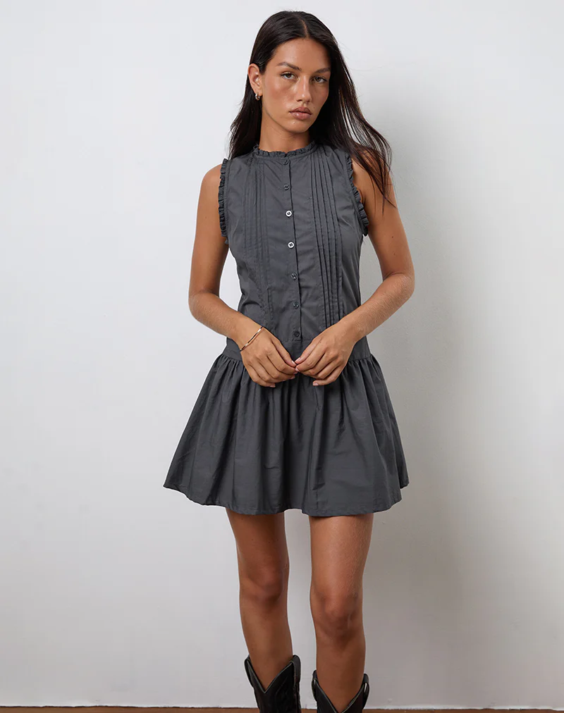 Dayara Mini Dress in Poplin Charcoal Grey - Image 3