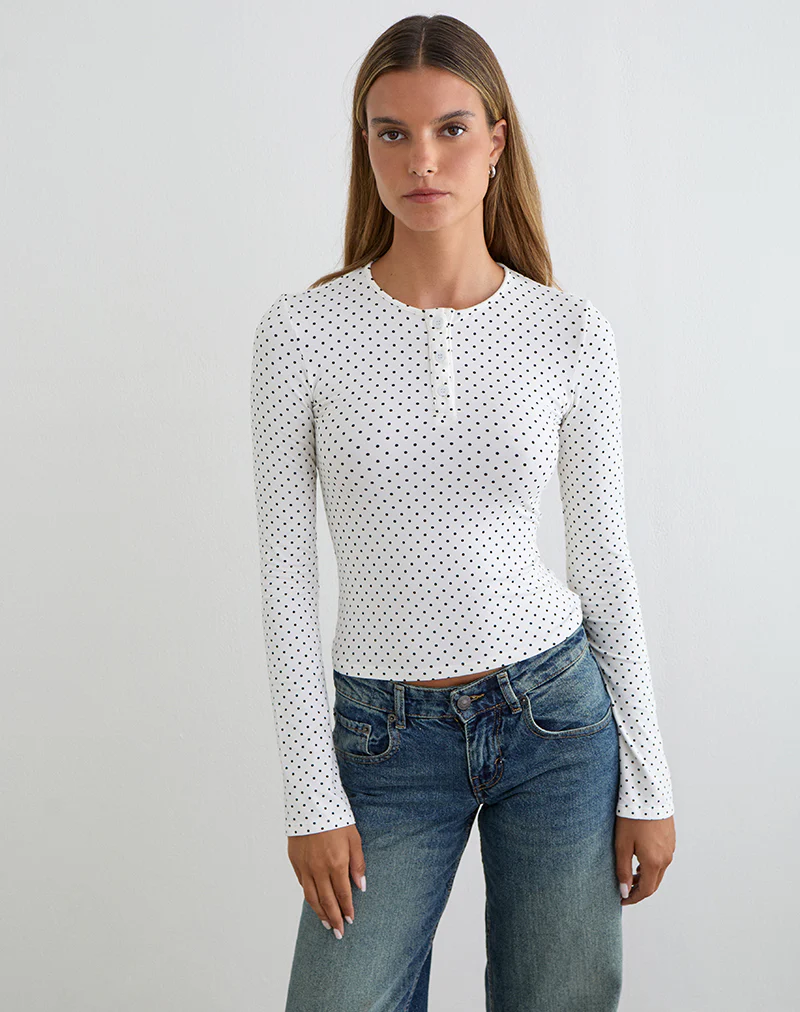 Delano Top in White with Micro Polka Black Print - Image 3