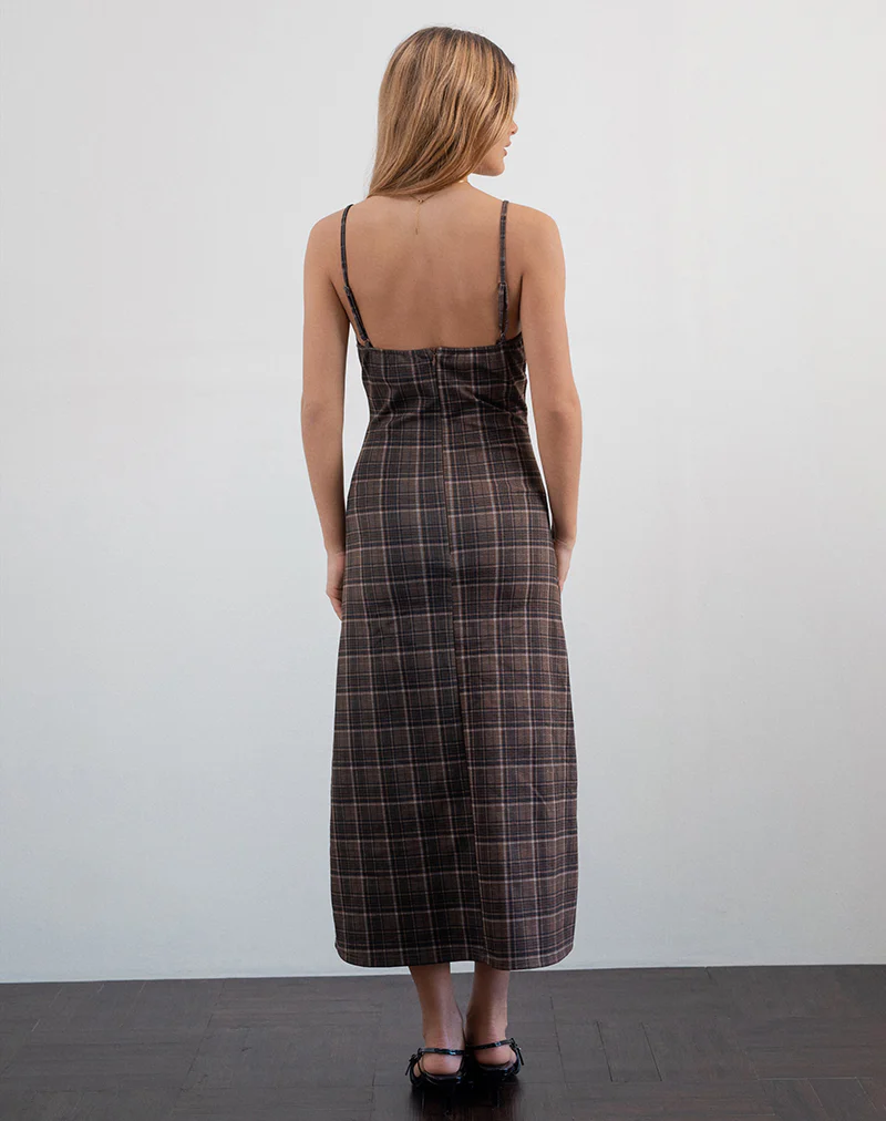 Delfina Midi Dress in Lace Brown Check - Image 3