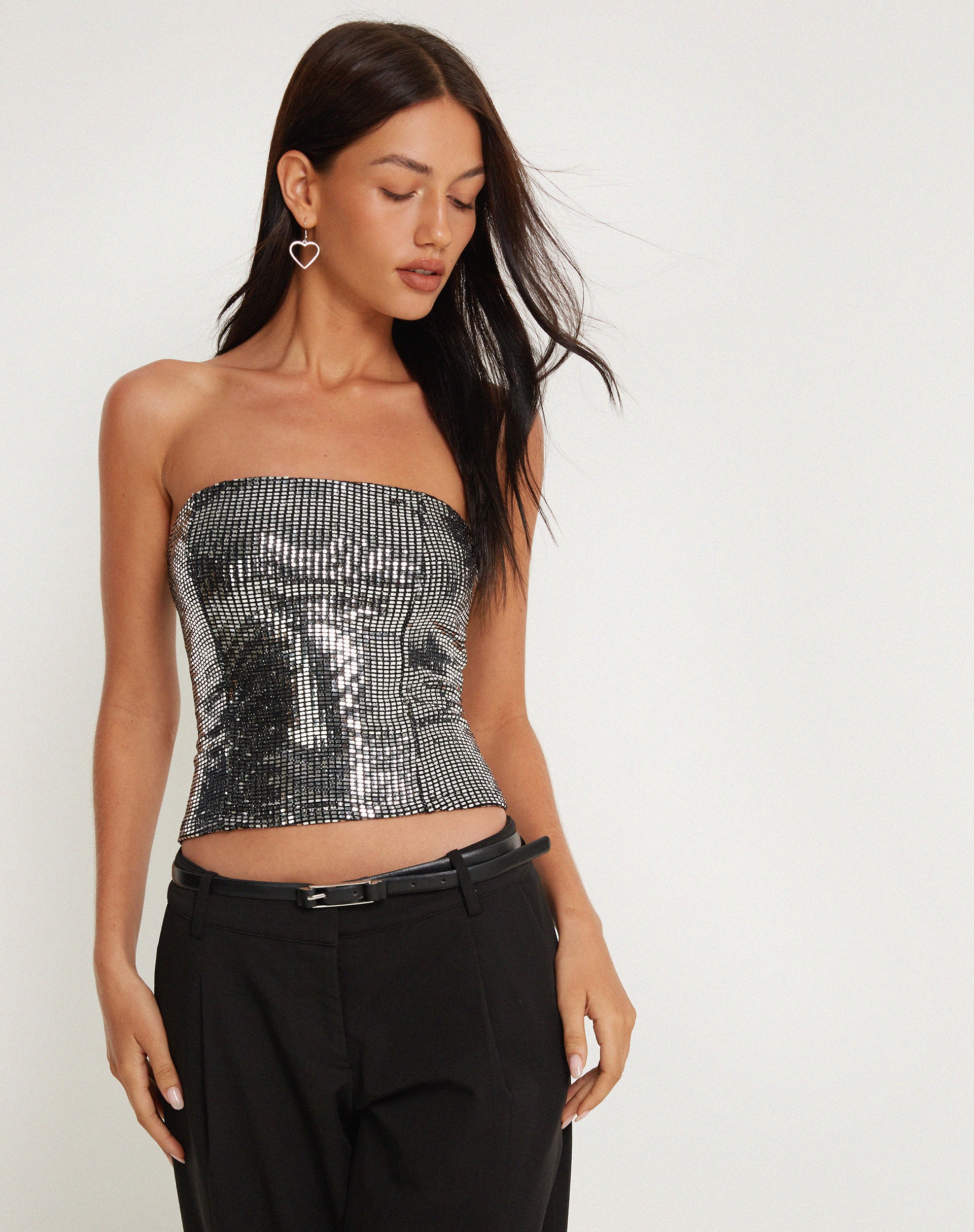 Urban X Motel Dena Bandeau Crop Top in Silver Shimmer - Image 3
