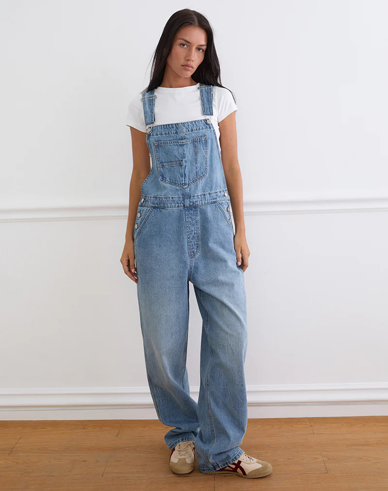Denim Dungaree in Bright Blue Used