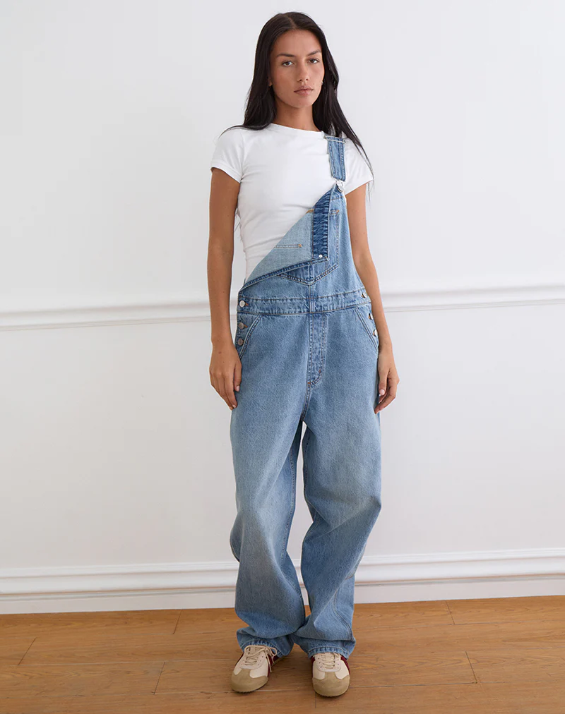 Denim Dungaree in Bright Blue Used - Image 4