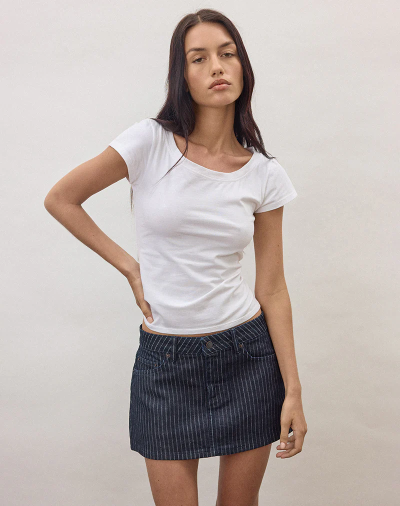 Denim Mini Skirt in Stripe Indigo - Image 3