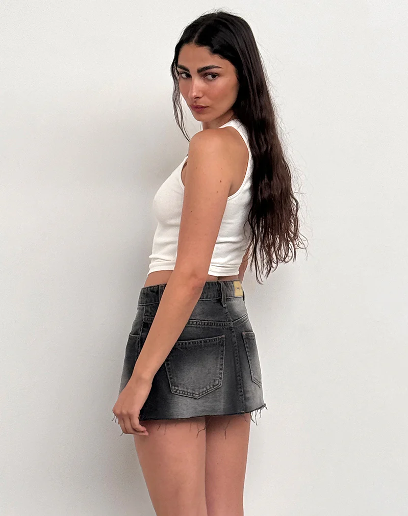 Raw Hem Denim Mini Skirt in Grey Used Bleach - Image 3