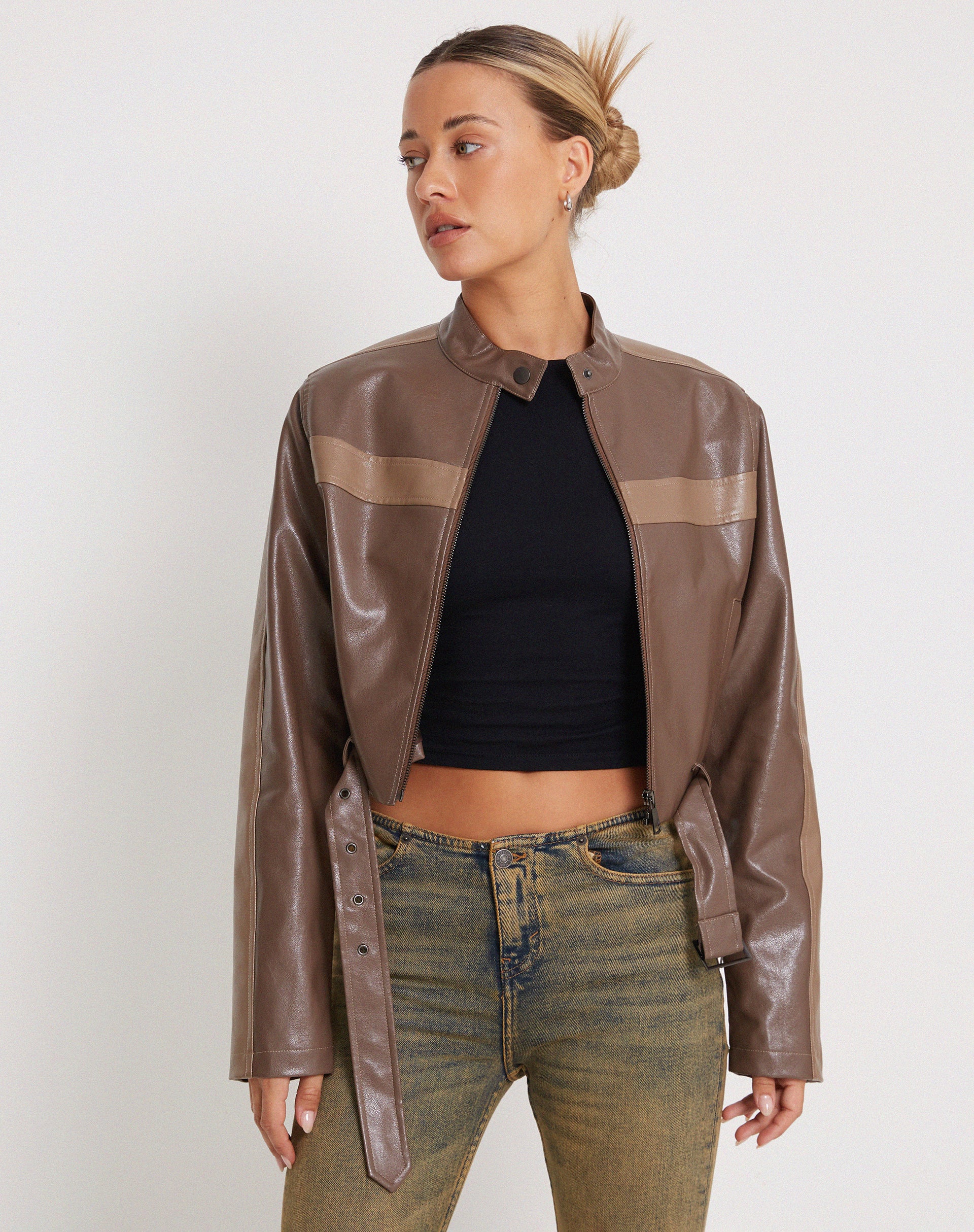 Derby Zip Up Jacket in PU Tonal Brown - Image 2